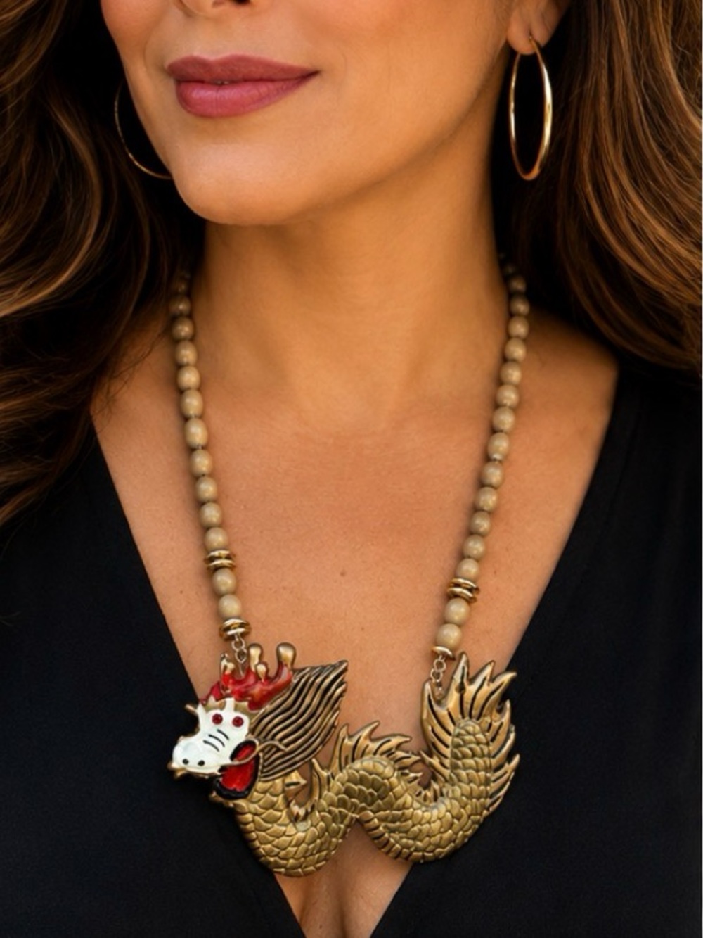 🐉 Bold Gold Tone Dragon Statement Necklace Beaded Red Rhinestone Eyes